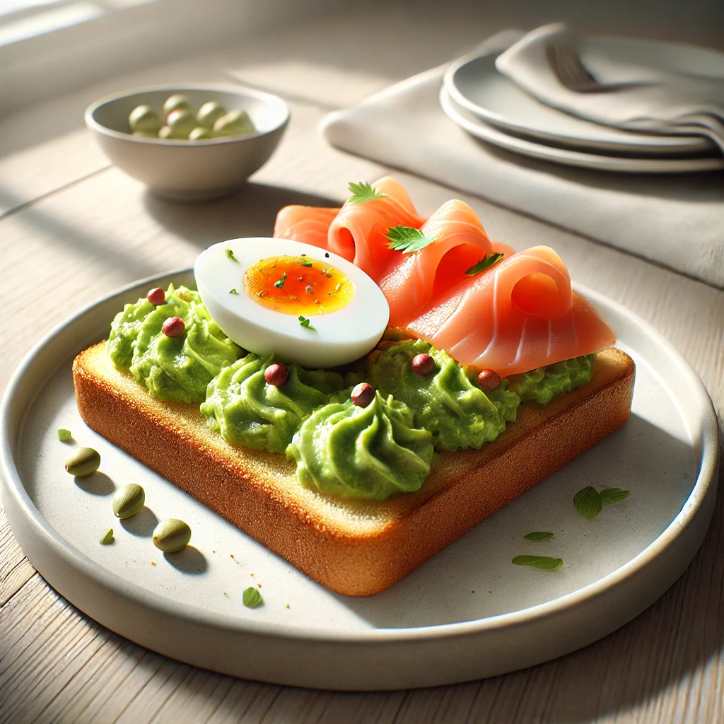 Toast cu guacamole, somon afumat si ou fiert