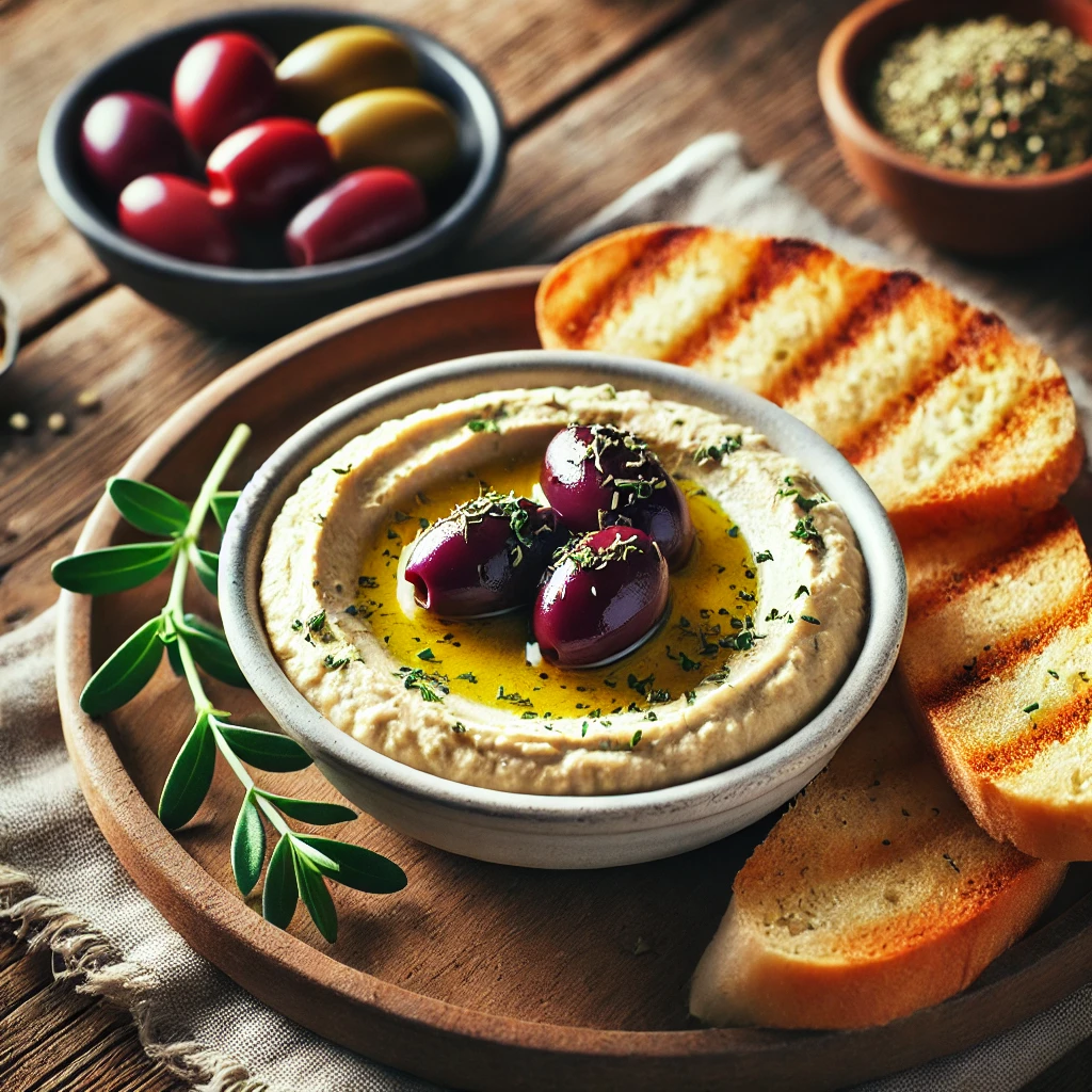 Hummus cu masline Kalamata si felii de paine prajita