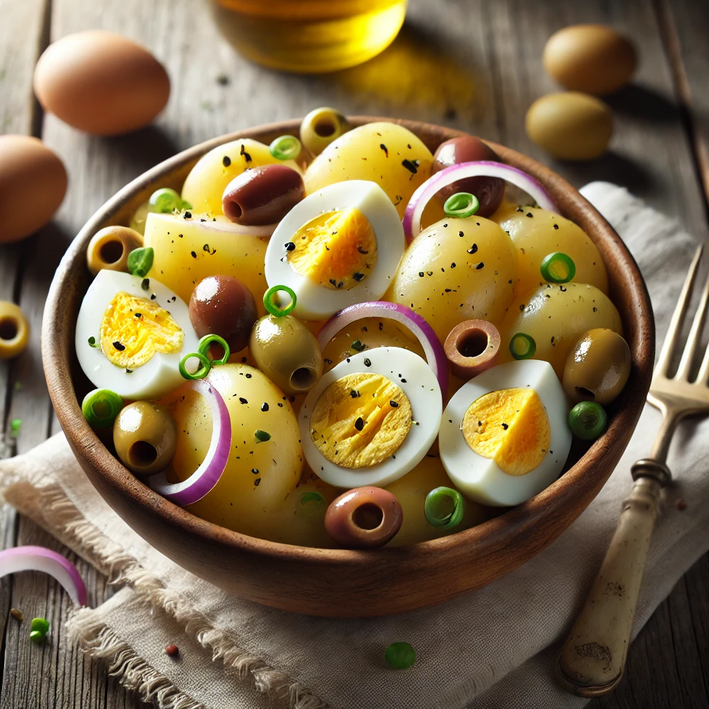 Salata de Cartofi Fierti cu Masline, Oua si Ceapa Verde sau Rosie