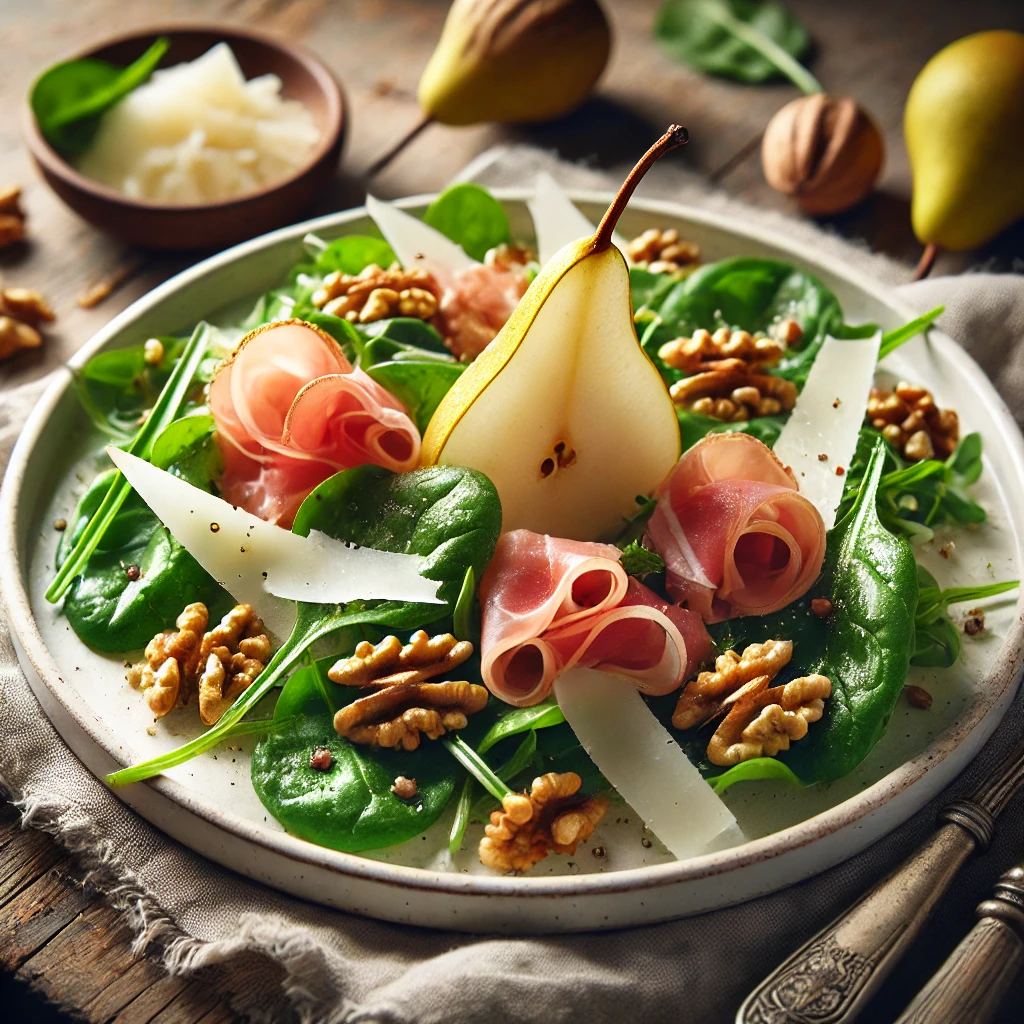 Salata Mediteraneana cu Spanac, Rucola, Nuci, Prosciutto, Parmezan si Pere
