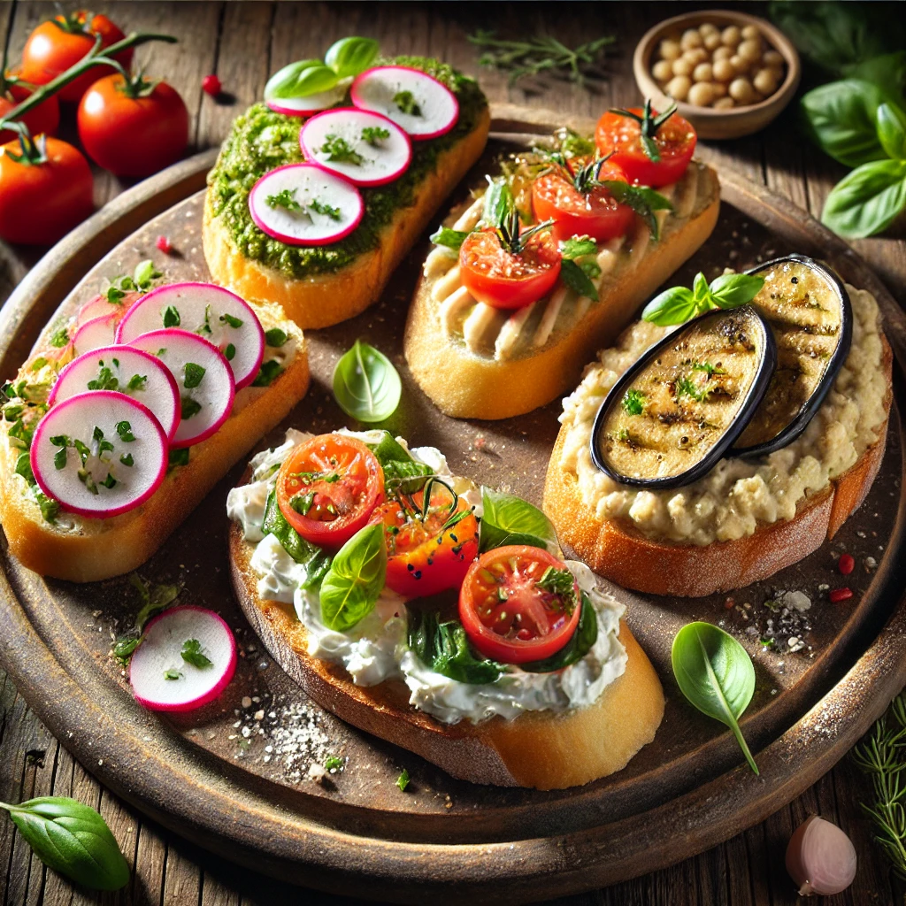 Bruschete Asortate: Crema de Branza cu Ridichi, Rosii si Busuioc, Salata de Vinete, Fasole Batuta cu Ceapa Calita