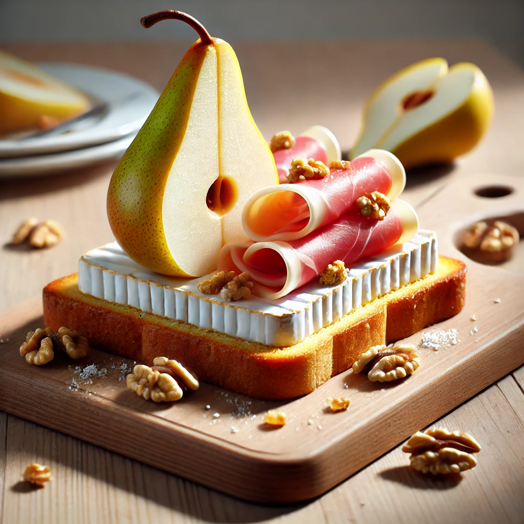 Bruscheta cu Brie, Para, Prosciutto Crudo si Nuci
